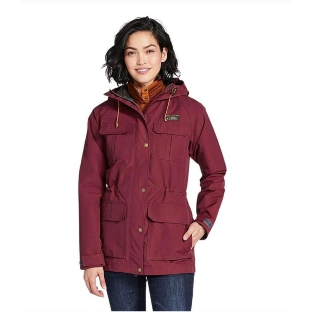 LL Bean Womens Mountain Classic Field Jacket Red Hooded Flannel Lined S PET